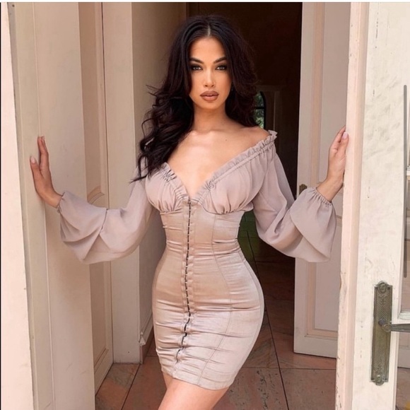 House of CB Gia Bustier Corset Long Sleeve Satin Billowy Sleeve Mini Dress XS - Picture 3 of 14